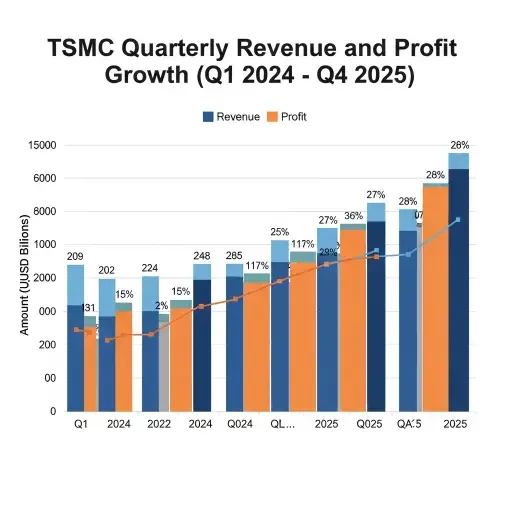 TSMC quarterly revenue and profit chart showing eight consecutive quarters of growth from Q1 2024 through Q4 2025 with expanding margins highlighted