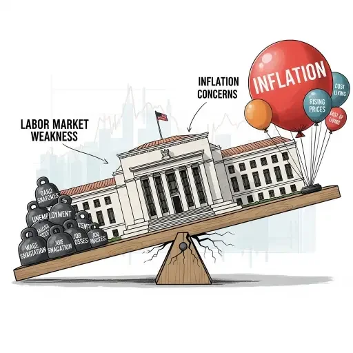 Conceptual illustration of Federal Reserve building balanced precariously on a seesaw, with labor market weakness on one side and inflation concerns on the other, showing the delicate policy balancing act