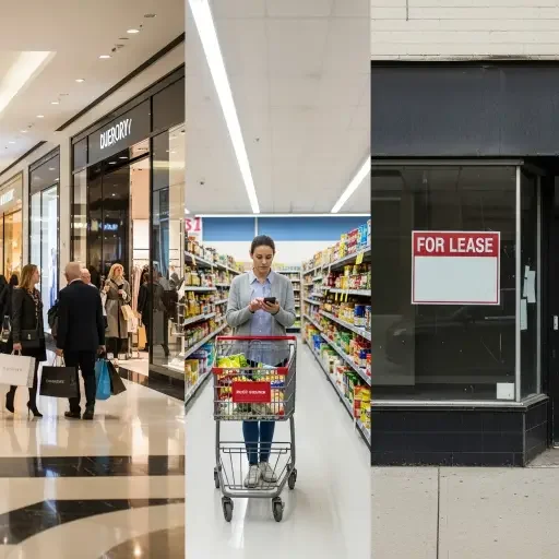 Triptych showing three parallel scenes - luxury shopping mall with busy shoppers, middle-class grocery shopper comparing prices on phone, and closed storefront with 'For Lease' sign, illustrating economic stratification