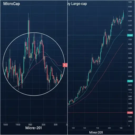 Magnified stock chart of a microcap with volatile spikes contrasted with a large-cap steady upward trend
