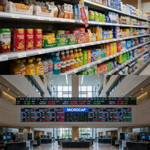 Retail shelf and corporate headquarters split image showing consumer goods companies and a microcap ticker board