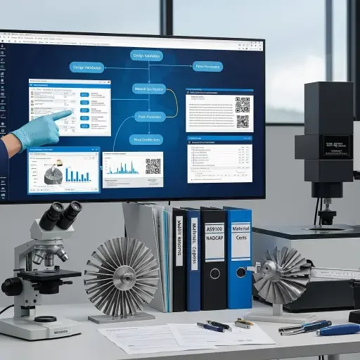 Technical documentation and certification processes for aerospace-grade additive manufacturing, showing quality validation workflows and material traceability systems