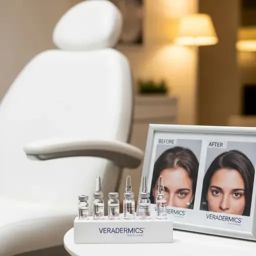 Clinic chair and vials with 'Veradermics' label beside before-and-after hair-regrowth photos