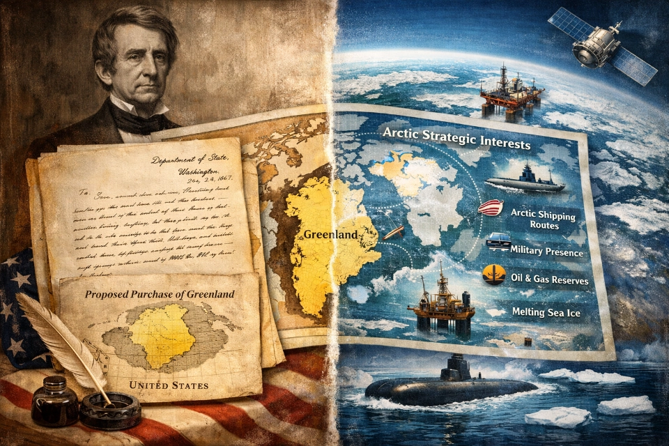 Split image showing William Seward's 1867 Greenland proposal documents alongside modern Arctic strategic assessment maps, illustrating 160-year US interest