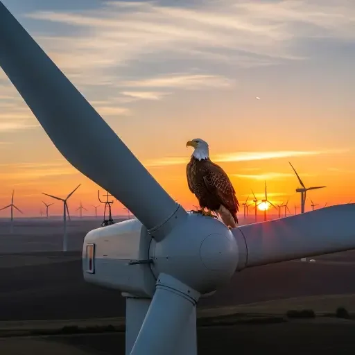 Wind turbines and a perched bald eagle at sunrise